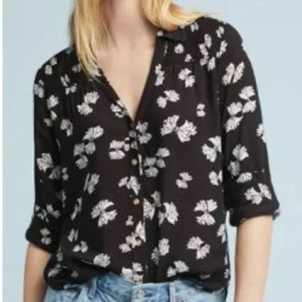 Maeve Black and White Bow Button Down Shirt